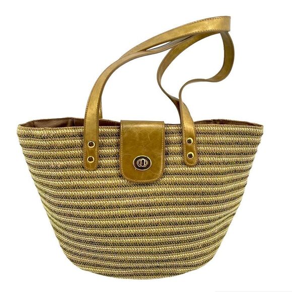 Unbranded Women’s Metallic Gold Accent Turn Lock Double Handle Straw Tote Bag - Picture 1 of 15